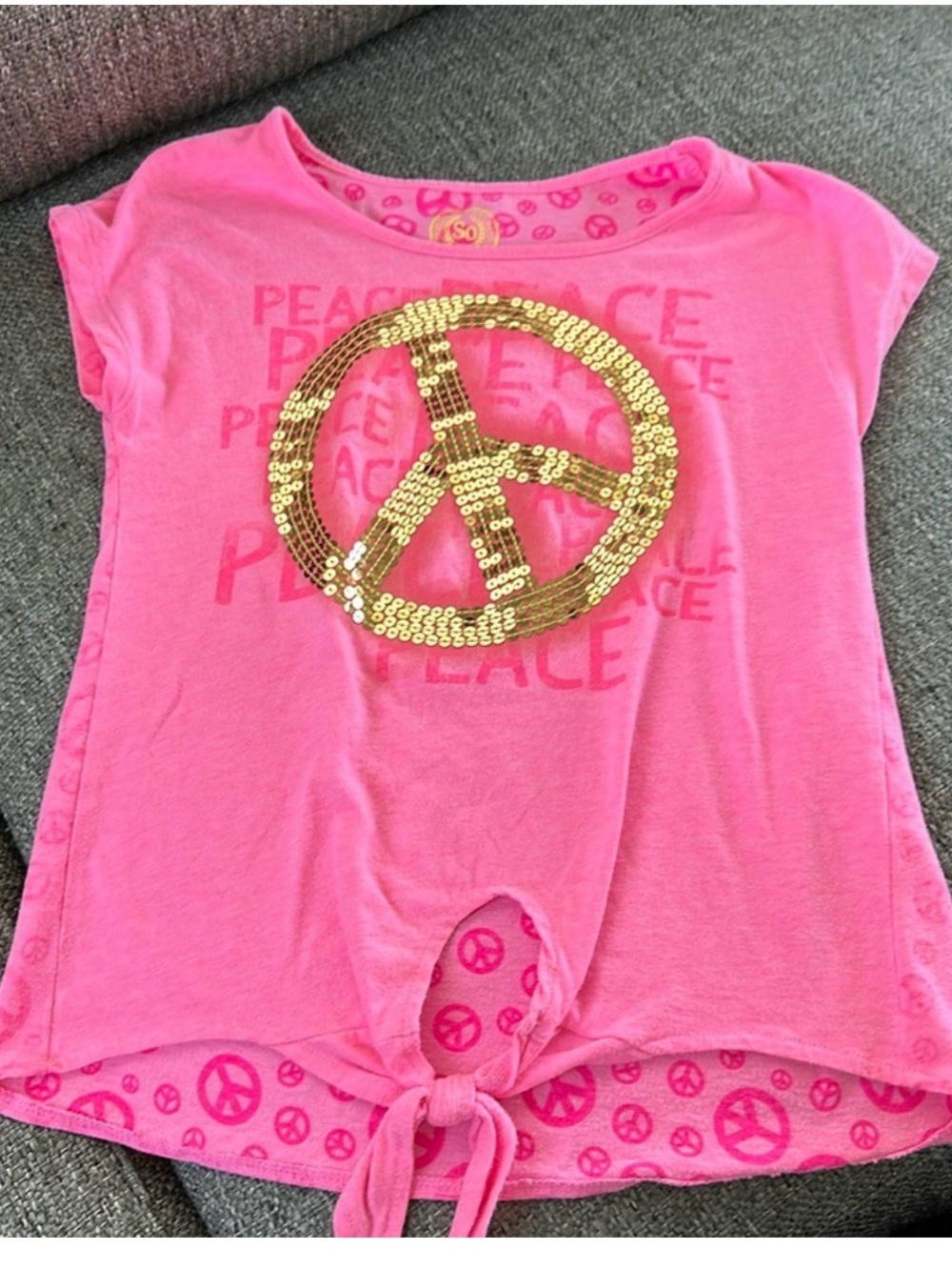 SO Authentic American Heritage Girls Pink Peace Sign Sequin Tie Front Shirt XS 7